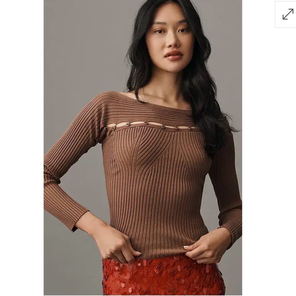Anthropologie Brown Ribbed Off-the-Shoulder Cut Out Detail Sweater Size Small